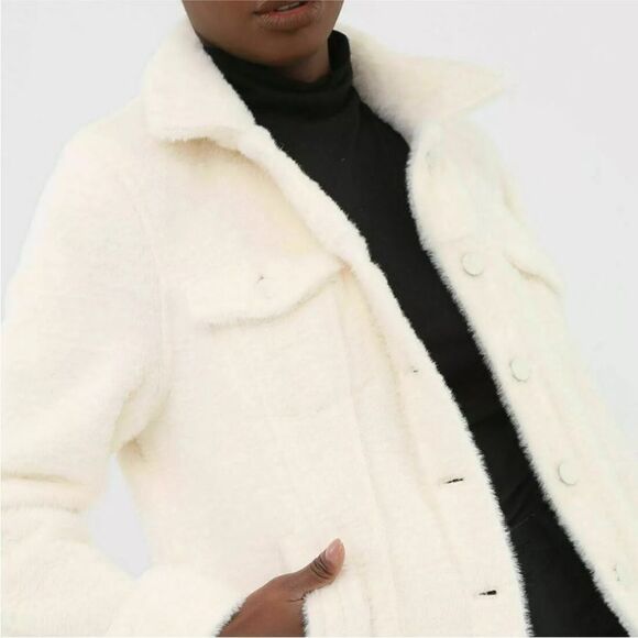 Banana Republic ivory fuzzy teddy bear fur trucker jacket small s button front - Picture 1 of 9